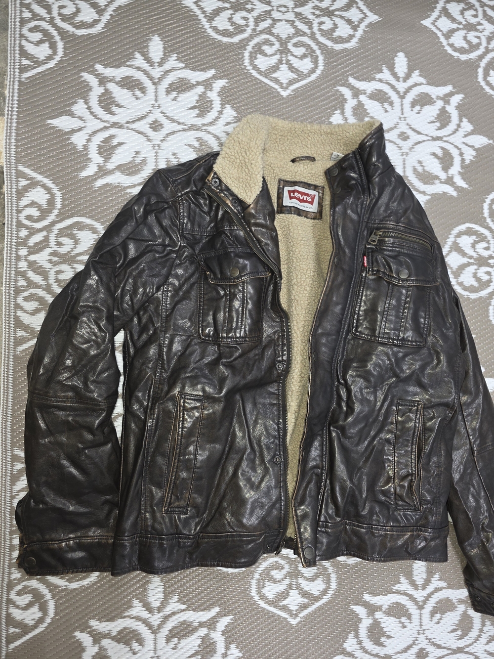 Levi's Men's Dark Brown Leather Field Jacket with Cream Sherpa Lining